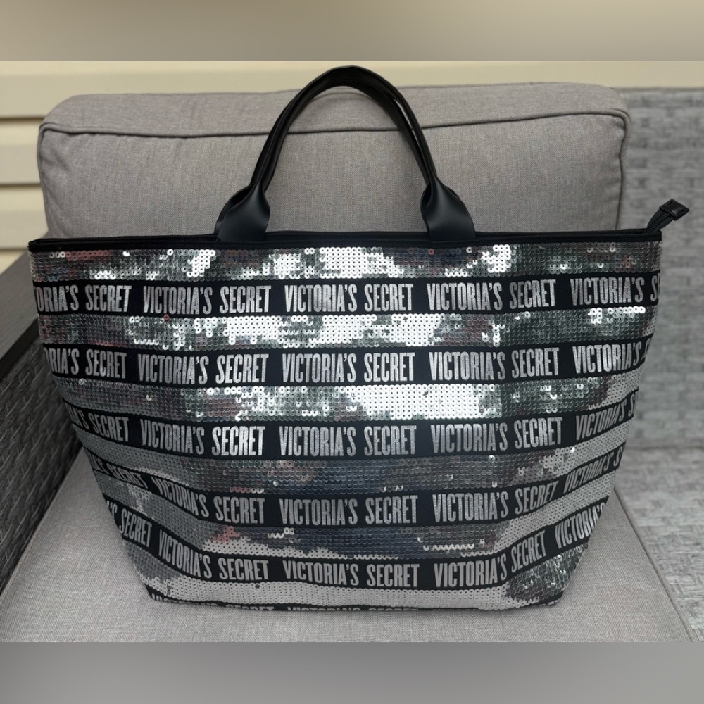 Victoria’s Secret Large Sequin Tote Bag Silver Black Stripes 23x14x6” NWOT - Picture 2 of 11